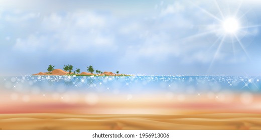 Tropical beach with cloud and blue sky in sunny day summer,Sea beach with blue ocean, coconut palm tree on island,Vector seaside with reflection wave with bokeh sun light background for summer holiday