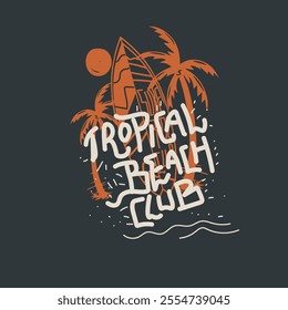 Tropical Beach Club hand drawn surfboard palm tree graphic