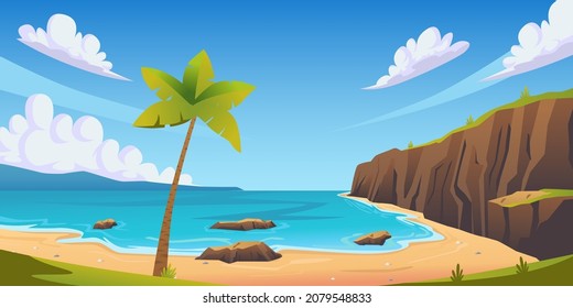 Tropical beach coastline landscape nature scene with palm tree, sand, and mountain for relax holiday leisure