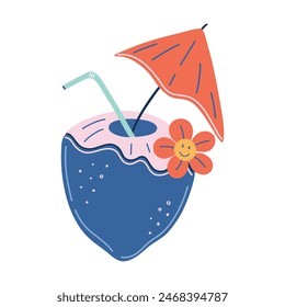 
Tropical beach cocktail. Retro colors coconut drink with straw, cocktail umbrella and flower. Summer vacation element isolated on transparent background. Hand drawn vector illustration.