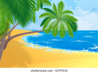 Tropical Beach with coconut palm trees. Vector.