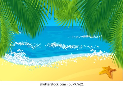 Tropical Beach with coconut palm trees. Vector.