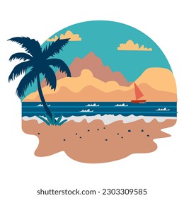 Tropical beach with coconut tree silhouette and sail boat. summer resort in the morning