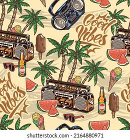 Tropical beach colorful seamless pattern vintage with palm trees and tape recorders among sand for good vibes vector illustration