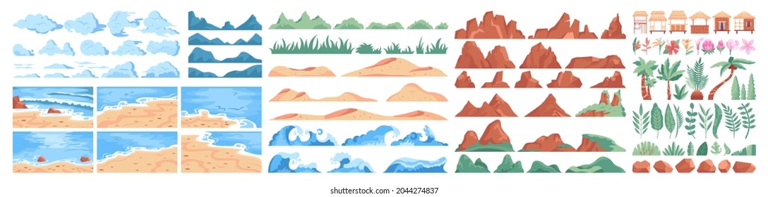 Tropical beach constructor set. Summertime landscape, sea or ocean coast view. Natural objects, rocks, send, palms and waves collection. Vector illustration in cartoon style