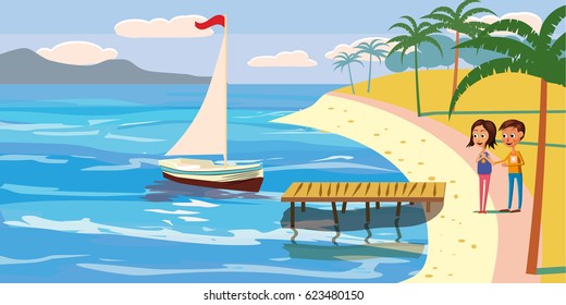 Tropical beach, couple having a rest, mooring sailboat, palms, cartoon style, vector illustration