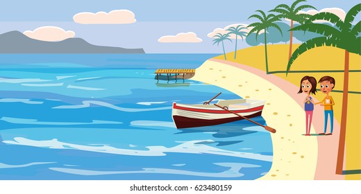 Tropical beach, couple having a rest, mooring boat, palm trees, cartoon style, vector illustration