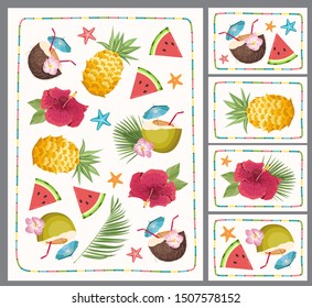 Tropical beach design elements. Tropical pattern. Exotic beach background. Summer Holiday print design
