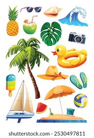 Elementos de playa tropicales con coco, piña, palmera y cámara. Vector ilustración de dibujos animados