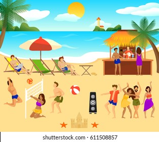 Tropical beach elements set with people sitting in chaise longue dancing playing volleyball and drinking cocktails vector illustration