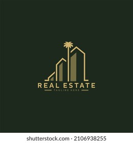 tropical beach estate logo template with palm tree and building architecture icons stock vector illustration.