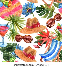 Tropical beach exotic summer vacation travel wallpaper decorative  seamless pattern with sunglasses and cocktail abstract vector illustration