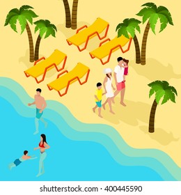 Tropical beach family vacation isometric banner with parents and kids bathing swimming and tanning abstract vector illustration 