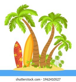 Tropical beach flat cartoon island, surfboard. Palm trees and sea sand, ocean landscape, monstera, surfing concept. Coconut palm, hand drawn summer beach vector illustration