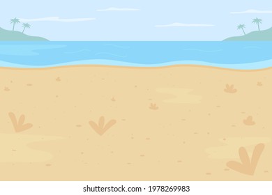 Tropical beach flat color vector illustration. Summer vacation spot. Place for holiday journey. Summertime seascape. Idyllic lagoon. Resort 2D cartoon landscape with ocean on background