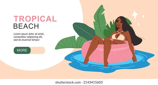 Tropical beach flat horizontal web banner with woman relaxing in flotation ring vector illustration