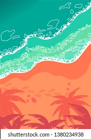 tropical beach flat vector poster, view from the above, footprints on sand, palm trees and seashells