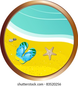 Tropical beach with flip flops, sea and starfish in a gold edged border