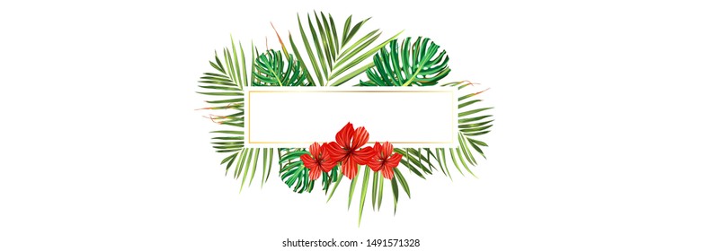 Tropical beach. Floral jungle palm background. Vector tropic illustration. Green tropical beach banner