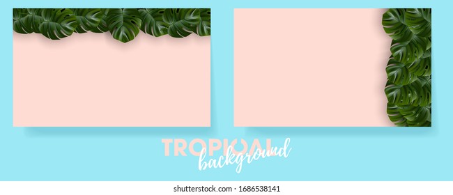 Tropical beach. Floral jungle palm background. Vector tropic illustration. Exotic tropical jungle rainforest bright green monstera leaves border frame template on pink background.