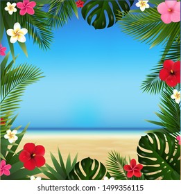 Tropical Beach And Flowers With Sea And Sand