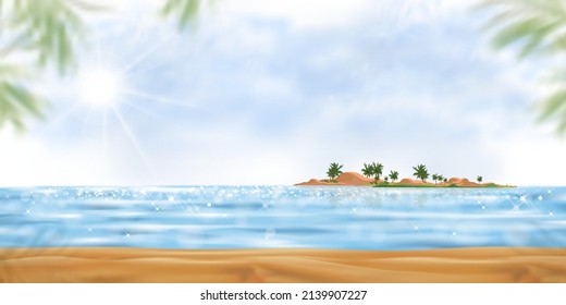 Tropical beach with fluffy cloud and blue sky in sunny day summer,Sea beach with blue ocean, coconut palm tree on island,Vector seaside with reflection bokeh sun light background for summer holiday