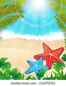 Tropical beach and foaming waves with palm branches and  starfishes 