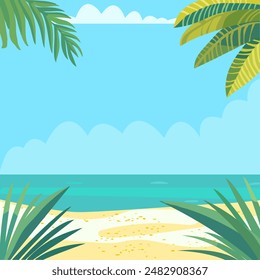 Tropical beach frame background with leaf plant. Summer landscape. Sandy beach under the bright sun.