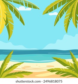 Tropical beach frame background with leaf plant. Summer landscape. Sandy beach under the bright sun.