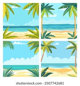 Fondo de marco de playa tropical con planta de hoja. Paisaje de verano. Playa de arena bajo el sol brillante.