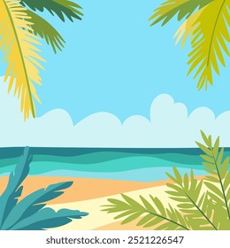 Tropical beach frame background with leaf plant. Summer landscape. Sandy beach under the bright sun.