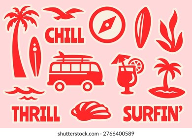 Tropical Beach Fun Activities Sticker Icon Set, Retro Summer Fun Flat Vector Illustrations with Palm Tree, Surf Board, Travel Van, Cocktail, for T-Shirt Prints, Posters, Scrapbook, Coastal Design