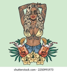 Tropical beach girl colorful sticker with glasses of cocktails and woman in bikini and shorts for Hawaiian party vector illustration