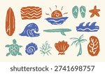 Tropical beach hand drawn illustration set. Summer vintage vector doodle elements. Scribble beach icon collection containing surfboard, wave, ocean, starfish, coral, sunset, sea turtle, palm tree.