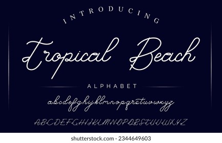 Tropical Beach Hand drawn mono line font lowercase and uppercase. Calligraphy decorative ABC alphabet isolated. Hand lettering and custom typography for your designs, logo, poster, card. Vector .