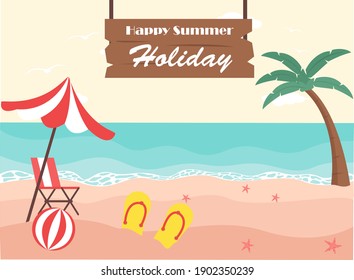 Tropical beach with Happy Summer Holiday text on the signboard. Summer vector concept