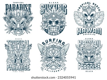Tropical beach holiday set emblems with tiki masks and exotic plants to attract tourists to resorts and islands vector illustration