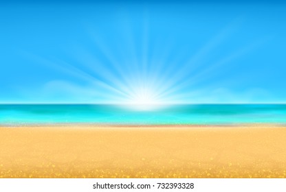 Tropical beach. Horizontal landscape with clear blue sky, ocean and warm sandy beach. Vector illustration for your graphic design.
