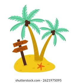 Tropical beach hotel sign surrounded by palm trees and a starfish on sandy shore
