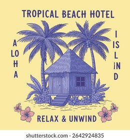Tropical praia hotel vintage resort gráficos. design de t-shirt de verão em vetor. aloha interior para relaxar descontrair. Hawaii vibes arte.