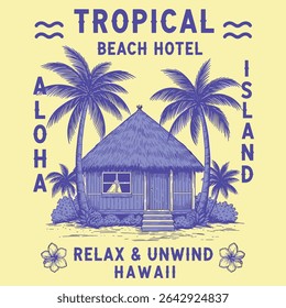 Tropical praia hotel vintage resort gráficos. design de t-shirt de verão em vetor. aloha interior para relaxar descontrair. Hawaii vibes arte.