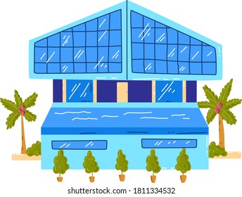 Tropical beach house, active, hot summer vacation, seaside hut, design cartoon style vector illustration, isolated on white. Green palm tree near cottage, rest on island, cozy wooden bungalow building
