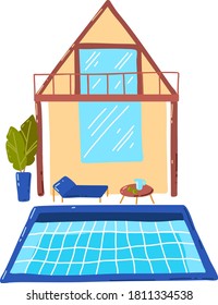 Tropical beach house, active, hot summer vacation, seaside hut, design cartoon style vector illustration, isolated on white. Green palm tree near cottage, rest on island, cozy wooden bungalow building