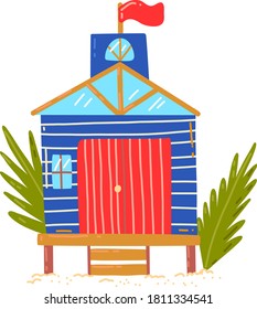 Tropical beach house, active, hot summer vacation, seaside hut, design cartoon style vector illustration, isolated on white. Green palm tree near cottage, rest on island, cozy wooden bungalow building