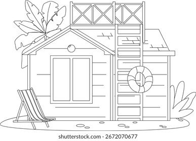 Casa de playa tropical Ilustración vectorial en blanco y negro