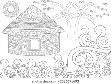 Tropical Beach House Line Art for Coloring, Black and white line art illustration of a stylized tropical beach scene featuring a decorative beach house, palm trees, sun, and waves. Perfect for