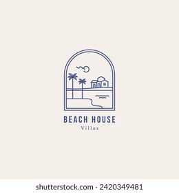 Tropical beach house minimal logo. Waterfront villa with ocean view line art badge logo vector illustration