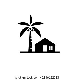 tropical beach house with palm coconut tree icon simple vector logo clip art in black silhouette isolated on white background