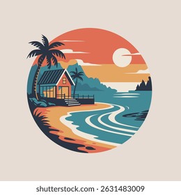 Casa de praia tropical ao pôr do sol com palmeiras e ondas oceânicas.
