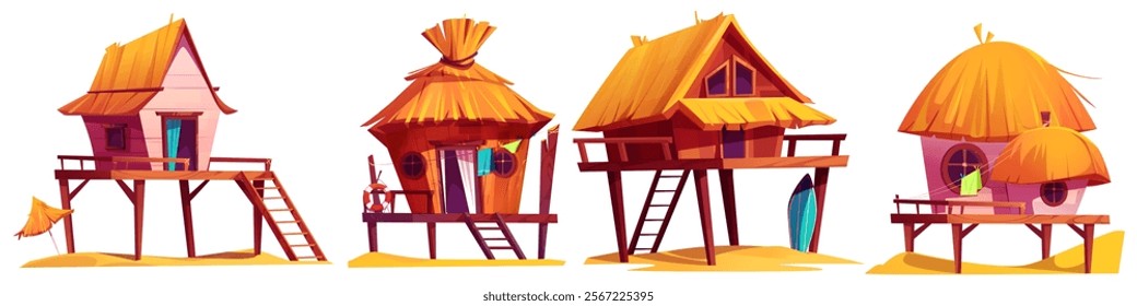 Tropical beach hut collection - wooden bungalows with orange straw roofs, raised platforms, wood stairs, surfboards leaning against walls and colorful curtains. Cartoon seaside resort hotel cottages.